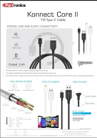 Portronics Konnect Core Type C 1 meter Cable - Assorted Color