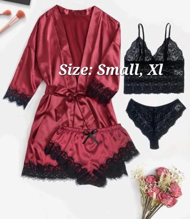 4pack floral lace satin lingerie set & belted robe Size (Small,Xlarge)