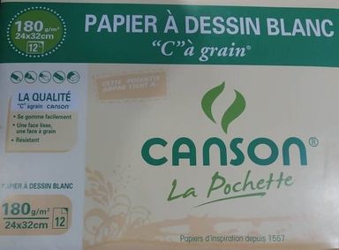 Papier dessin blanc 24x32cm - 224g/m² - CANSON "C" à Grain - Pochette 12 feuilles