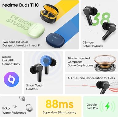 realme Buds T110 with AI ENC for Calls, Upto 38 Hours of Playback and Fast Charging Bluetooth Headset (Punk Black, True Wireless)