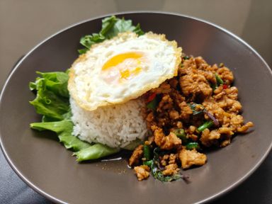 Basil Chicken w/ rice + egg