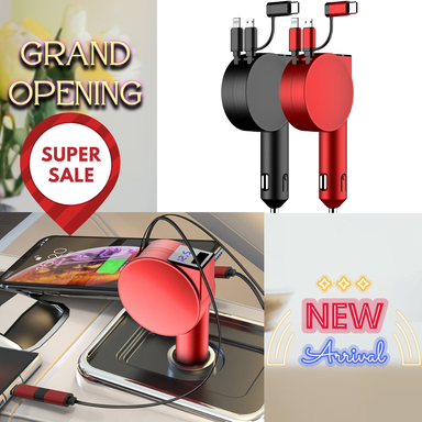 3 In 1 40W Fast Charging Dual Cable Retractable Car Charger