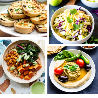 Well, Bowled (vegetarian - chickpeas, roasted vegetables with dressing, quiche, dips & salad )