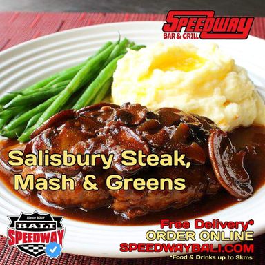Salisbury Steak Mash, Greens and mushroom gravy 