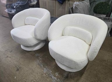 Brand New Gorgeous Pair Of curved Barrel Swivel Chairs Upholstered In White Boucle