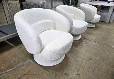 Brand New Gorgeous Pair Of curved Barrel Swivel Chairs Upholstered In White Boucle