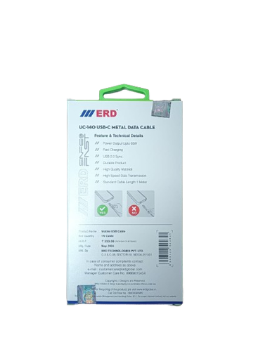 ERD UC-140 Type-C Metal Cable (65W, 5mm, 1Meter White)