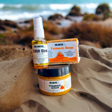 Acne-Fighting Combo: Turmeric Scrub, Turmeric soap, and Rose Glow Serum