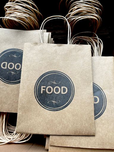“FOOD” BROWN DELIVERY TAKEOUT BAGS  (WITH TWIST HANDLES) 