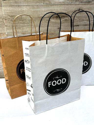 “FOOD” WHITE DELIVERY TAKEOUT BAGS  (WITH TWIST HANDLES) 