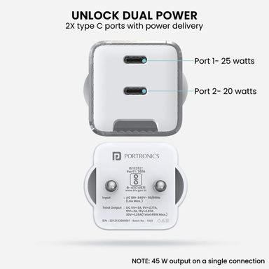 Portronics Adapto 4 Fast Charging Adapter, 45W High Power Wall Charger with Dual PD 3.0 Ports (Port 1-25w,Port 2-20w) Type C Charger for All Smartphones,Type C Enable Devices and iPhones