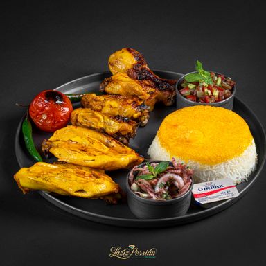 chicken bone-in kabab with rice (cholo joje kabab ba ostokhan)