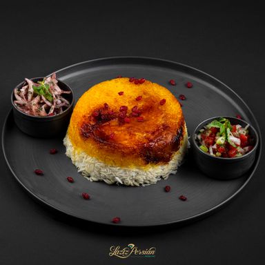 golden zereshk polo morgh (chiken leg with rice)