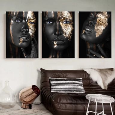 African Black Gold Fashion 3 Piece Canvas Wall Art For Living Bedroom Office Home Decor 