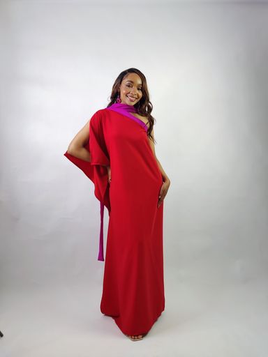 Fuchsia×Red One Shoulder Kaftan 