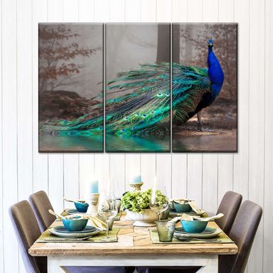 Blue Peacock 3 Piece Canvas Wall Art For Living Bedroom Office Home Decor 