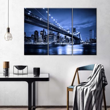 Blue Brooklyn Bridge 3 Piece Canvas Wall Art For Living Bedroom Office Home Decor 