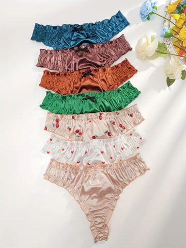 7pcs Satin Lettuce Trim Bow Thong Panties 