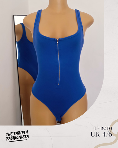 Sexy Blue Square neckline Front zip up Strappy sleeveless Bodysuit