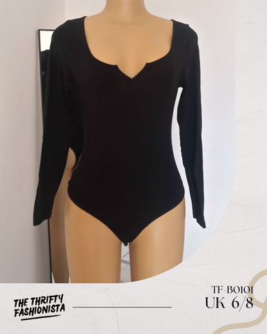 Black Square Neck V Notch Long sleeve Bodysuit