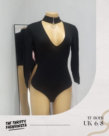 Sexy Black Deep V-neck Choker zip neckline Long sleeved Bodysuit