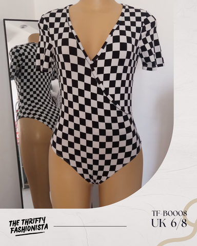 Unique White & Black Checkered  Deep V-neck Short-Sleeved Bodysuit