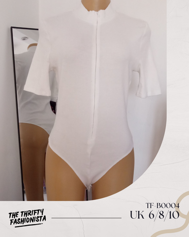 White High- neck Front Zipper Short-Sleeved Bodysuit