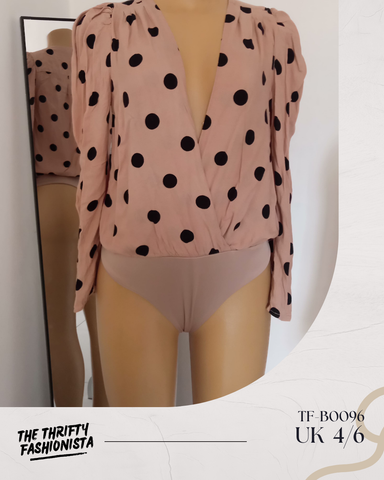 Pink Polka Dotted Cross-Front Long Sleeve Bodysuit