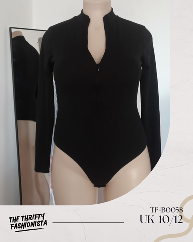 Sexy Black Thick Zip Up High-Neck Long Sleeved Bodysuit