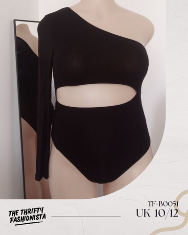 Sexy Black Asymmetrical Neckline Front cut out One- shoulder long Sleeve Bodysuit