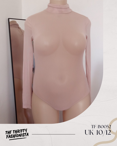 Nude High Neck Semi-Shear Long Sleeve Bodysuit