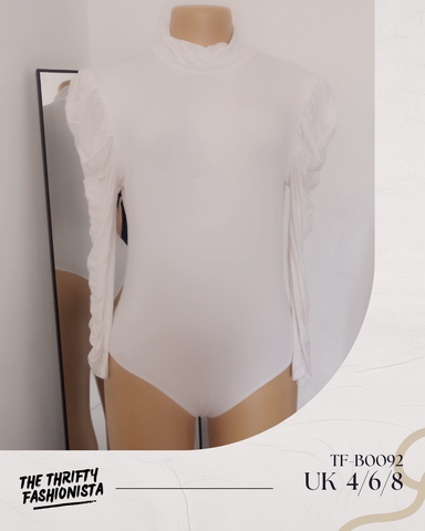 White High neck Scrunched Puff Long Sleeve Bodysuit