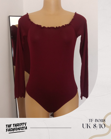 Maroon Round Ruffled Neck Long Sleeve Bodysuit