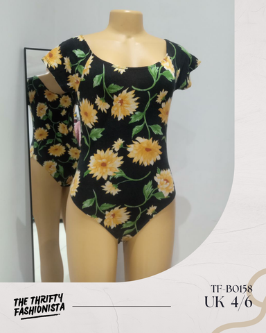 Black & Yellow Floral Off-Shoulder/Short Sleeve Bodysuit