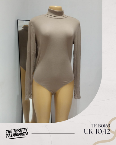 Greyish Nude Brown High Neck Long Sleeve Bodysuit