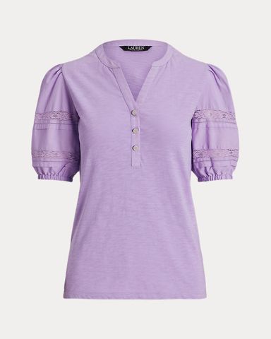 Lace-Trim Jersey Puff-Sleeve Henley Tee