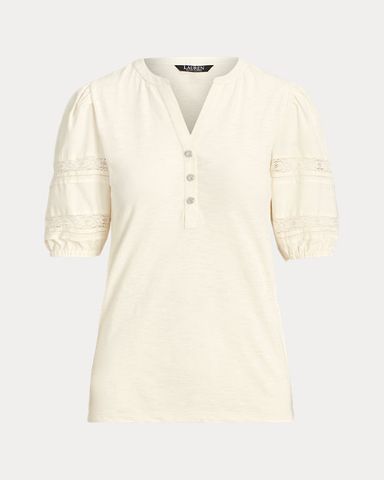 Lace-Trim Jersey Puff-Sleeve Henley Tee