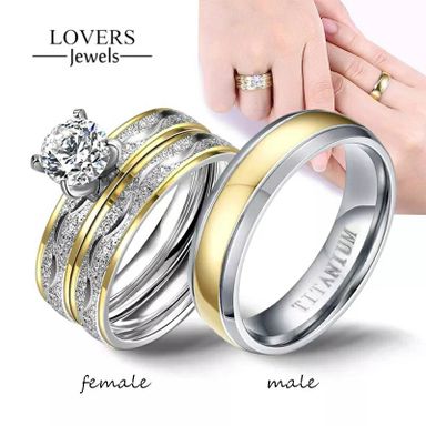 Couple Rings - Women Exquisite Rhinestones Zirconia Rings Set Simple Stainless Steel Men Ring Fashion Jewelry For Lover Gifts