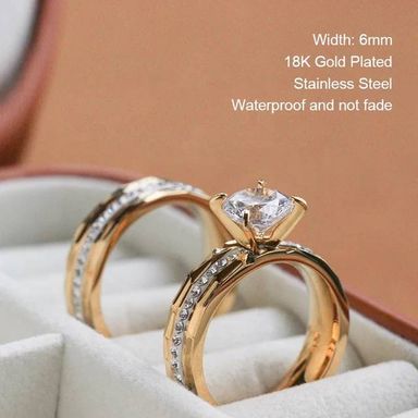 Fashion Couple Ring jewelry 18K Gold Plated Stainless Steel Full Cubic Zirconia Diamond Engagement Wedding Rings.