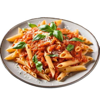 Penne Arrabbiata: Penne pasta in a tomato sauce with garlic, chili flakes, and fresh basil.