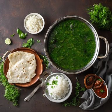 Molokhia: A traditional Egyptian dish made from finely chopped jute leaves, simmered in a seasoned broth. Served with white rice and pita bread.