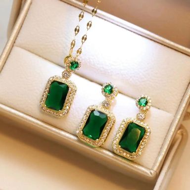 3 Pcs Set Emerald Ruby Diamond Rectangle Earrings Necklace Adjustable Ring Jewelry Set Wedding