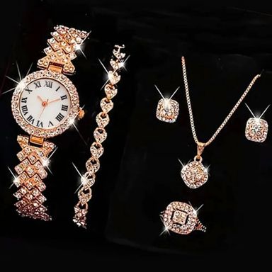 Fashion Luxury Full Crystal 5 Pcs Watch Set Necklace Earrings Set Jewelry For Women Gift