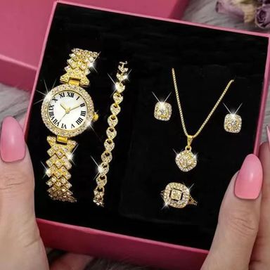 Fashion Luxury Full Crystal 5 Pcs Watch Set Necklace Earrings Set Jewelry For Women Gift