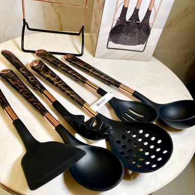 (K92) 6-PIECE KITCHEN CUTLERY BLACK MARBLE DESIGN SILICONE