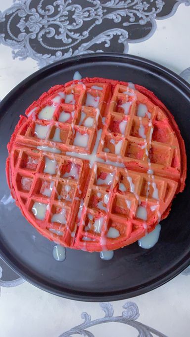 Red velvet waffle with condensed milk 