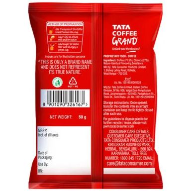 Tata Coffee Grand Premium Instant Coffee - 100% Coffee Blend, 50 g Pouch