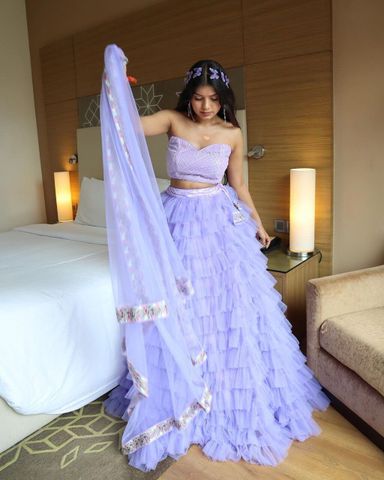 Purple Butterfly Net Frill Work Lehenga With Rainbow Sequence Work Blouse & Dupatta