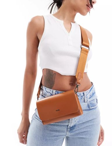 PASQ rectangular flap top cross body bag in tan 