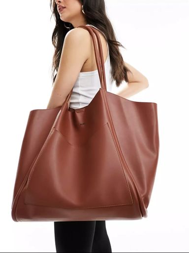 PASQ oversized slouch tote bag with removable pouch in chocolate brown